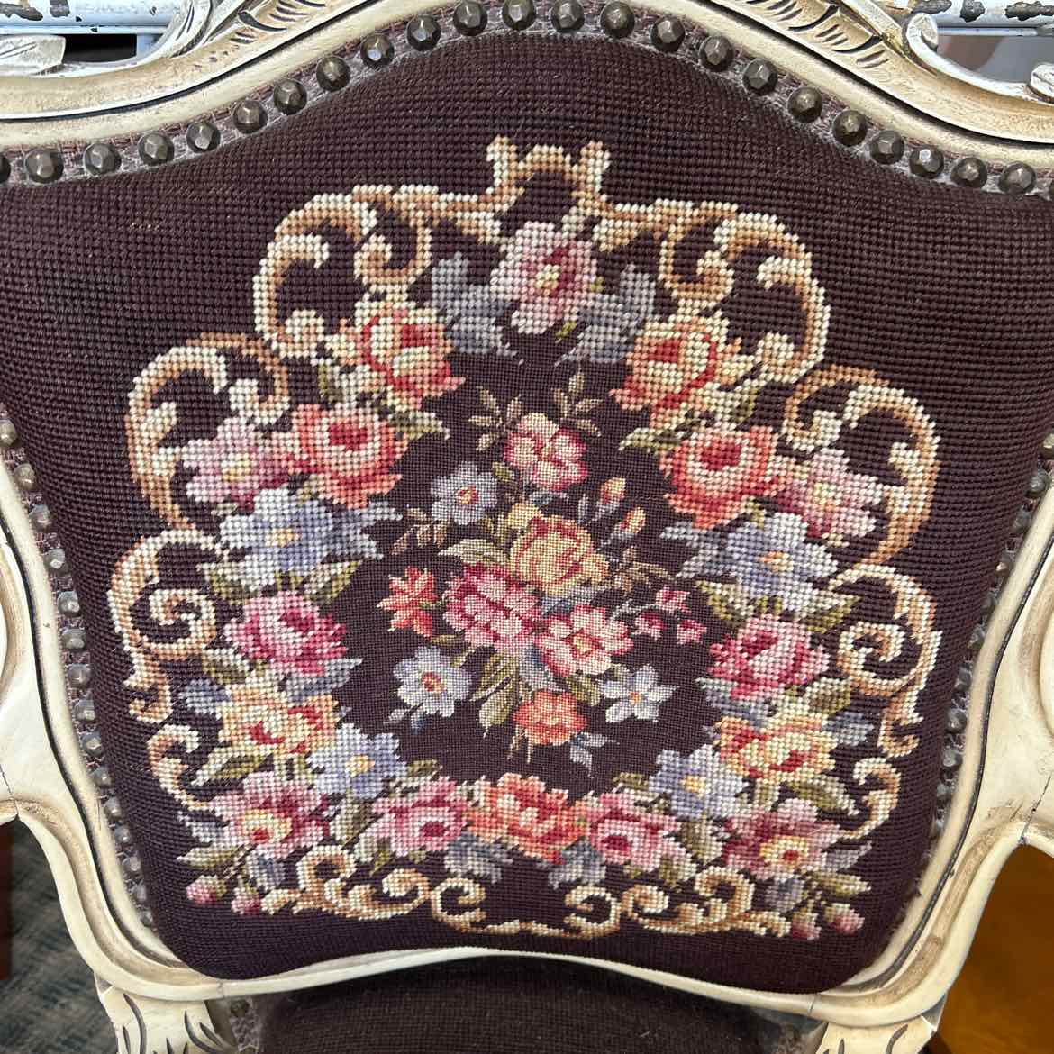 Brown Floral Needlepoint Provincial Chair