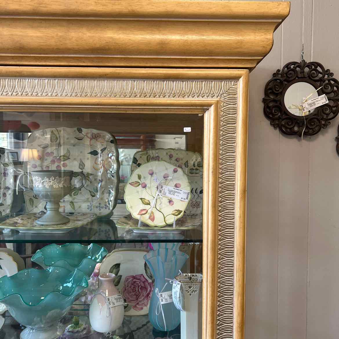 Light Wood Glass Curio Cabinet w/Sliding Door