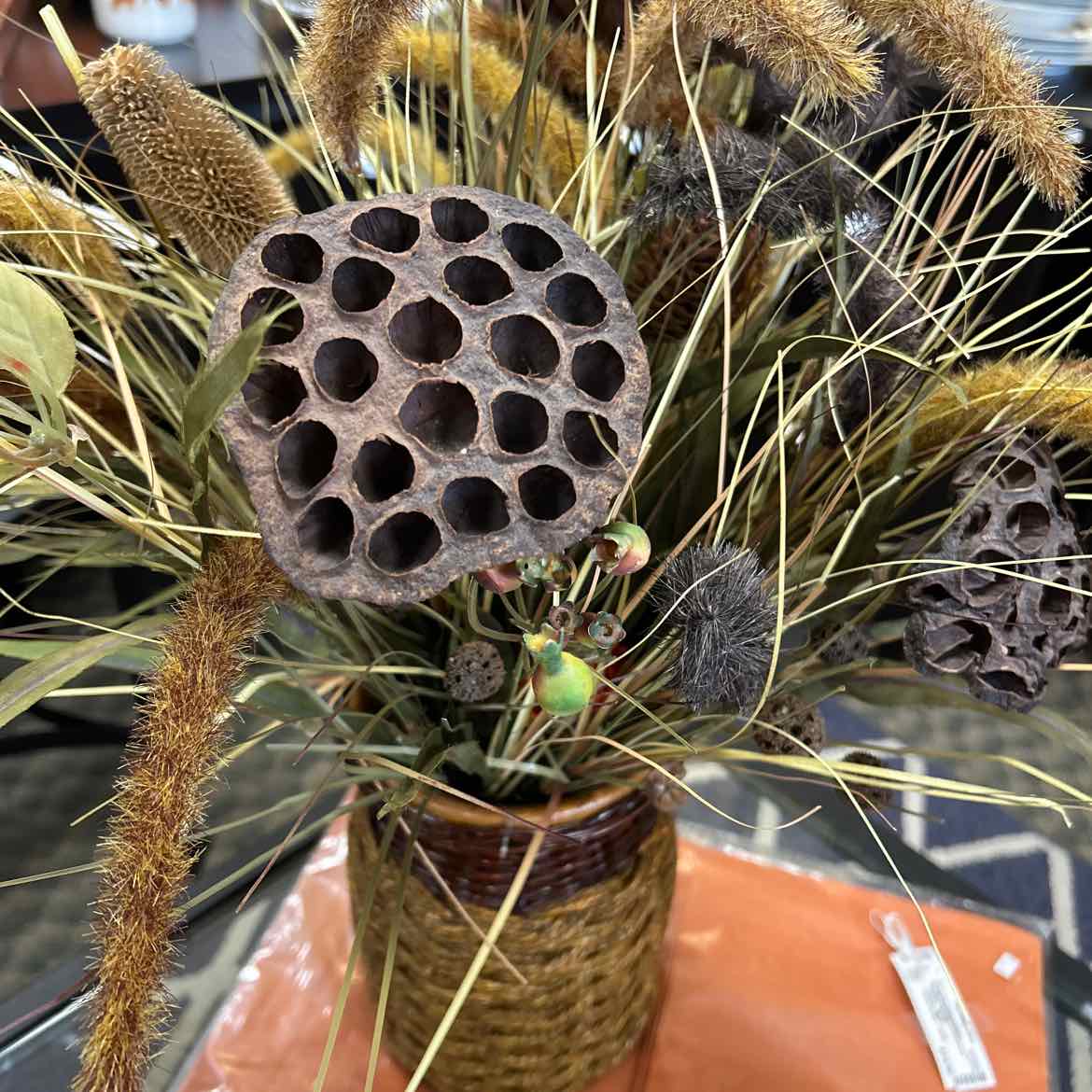 Faux Straw Vase w/Fall Dried Flowers