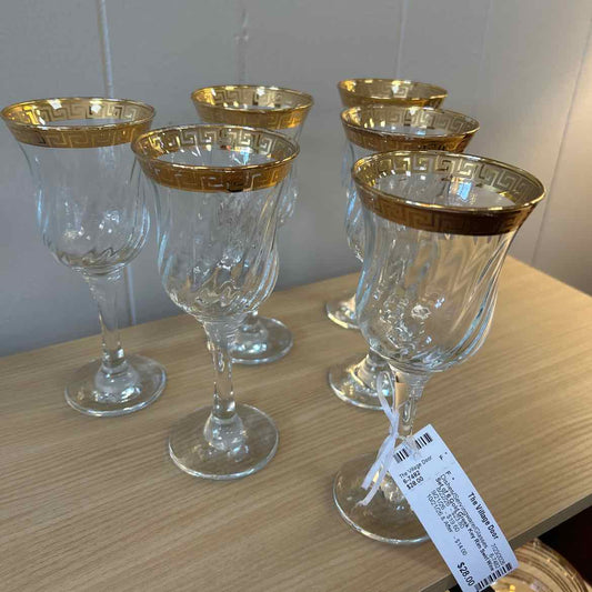 Set of 6 Gold Greek Key Rim Swirl Wine Glasses