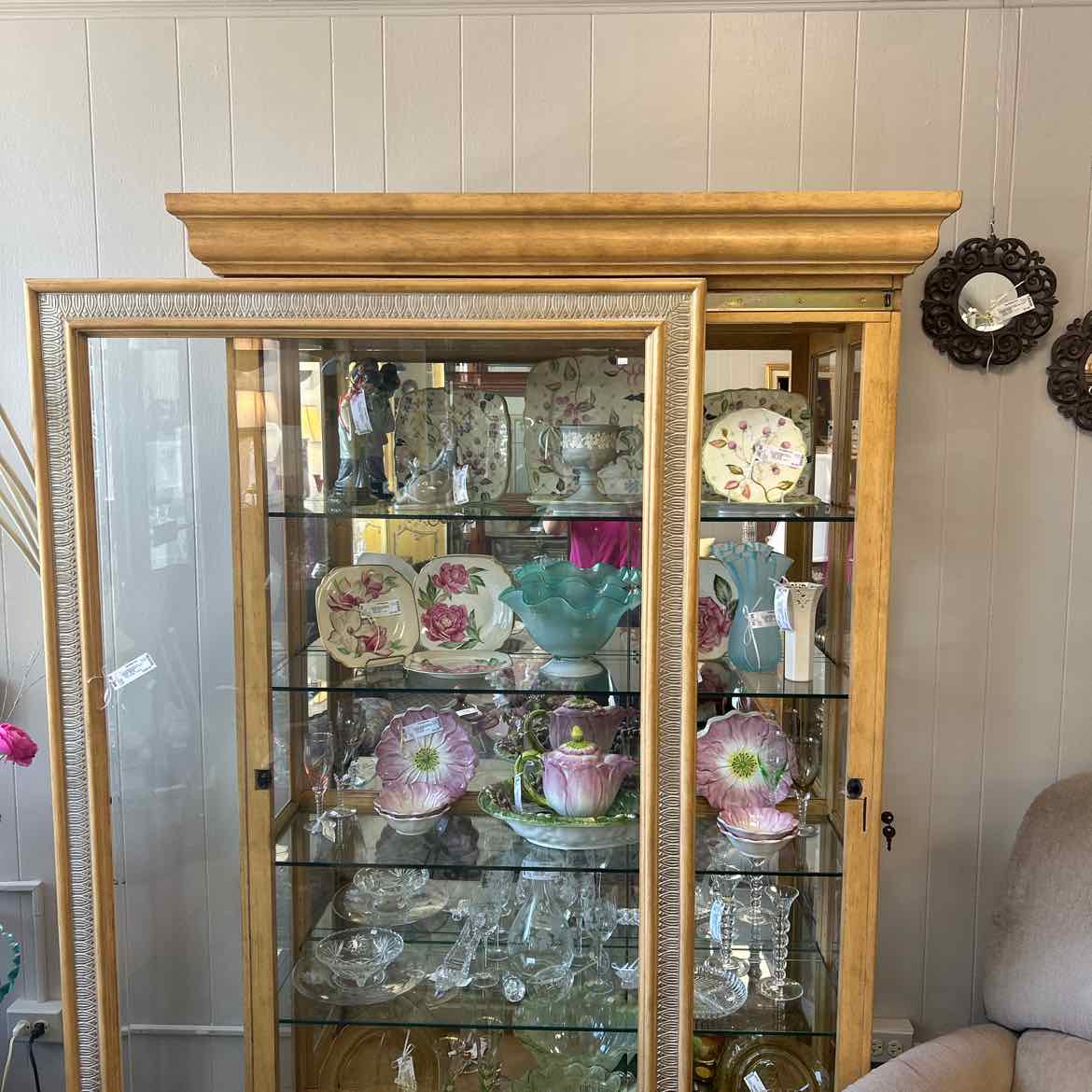 Light Wood Glass Curio Cabinet w/Sliding Door