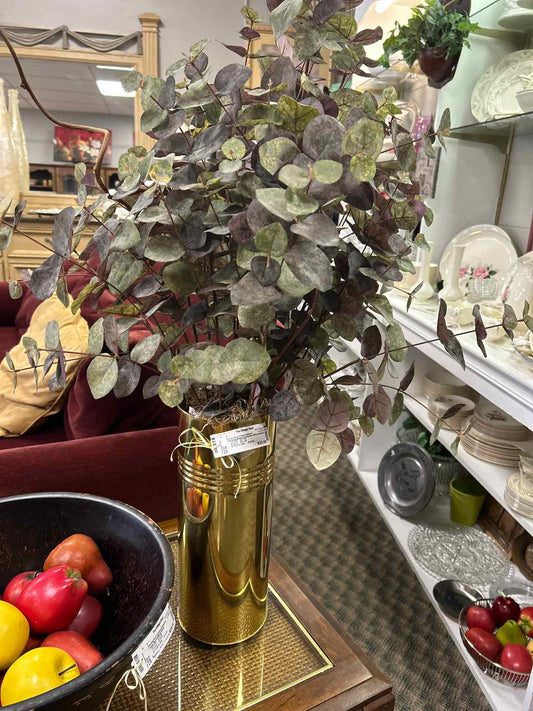 Tall Gold Metal Container w/Eucalyptus Leaves