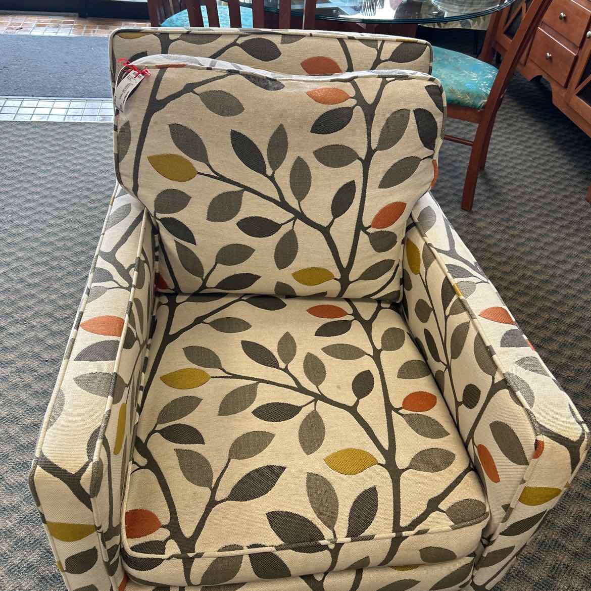 Upholstered Arm Chair W Gray,Green,Gold Leaves