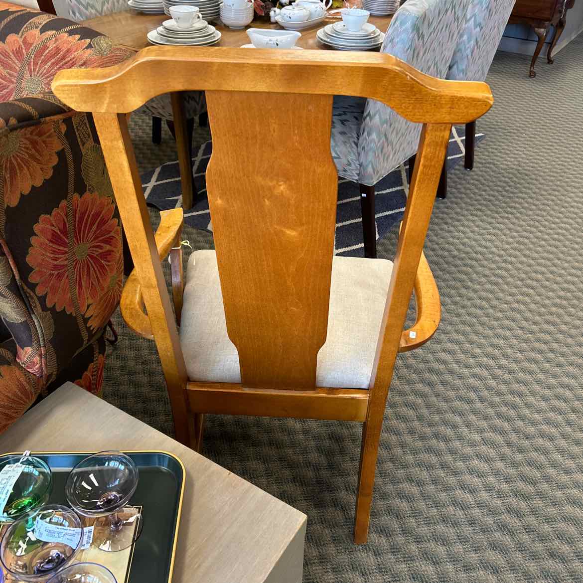 Wood Chair w/ Asian Design and Tan Seat