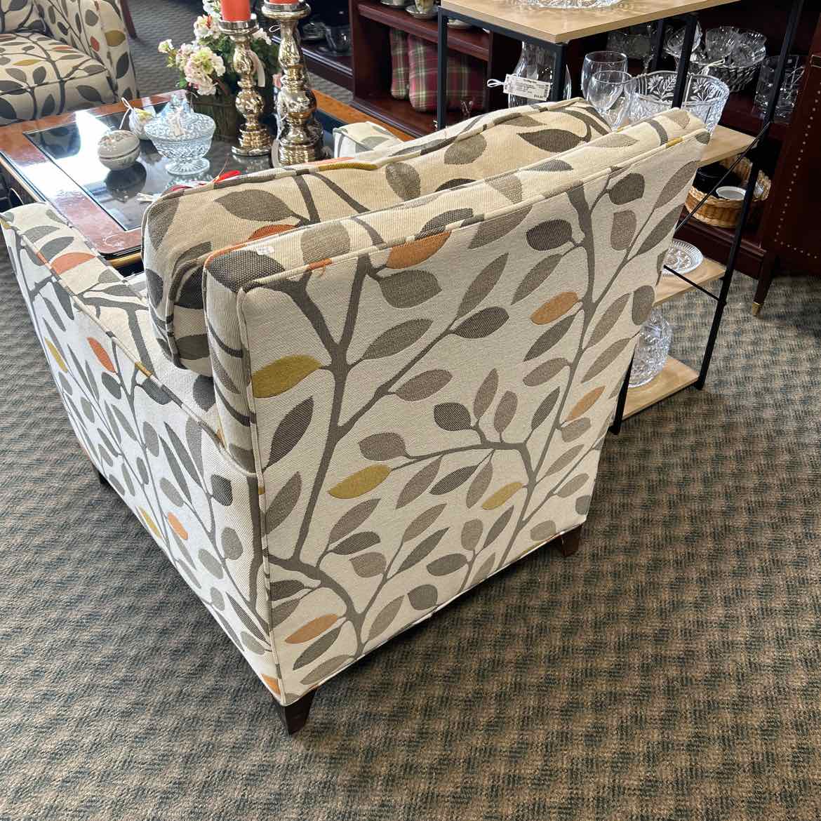 Upholstered Arm Chair W Gray,Gold,Green Leaves