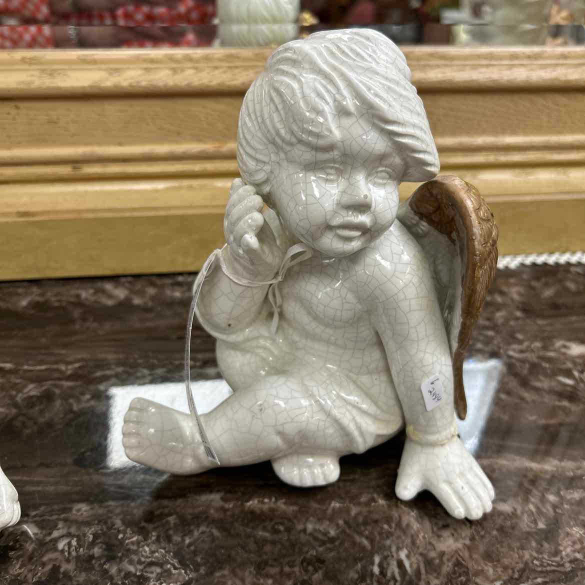 White Crackled Sitting Angel Figurine AS  IS