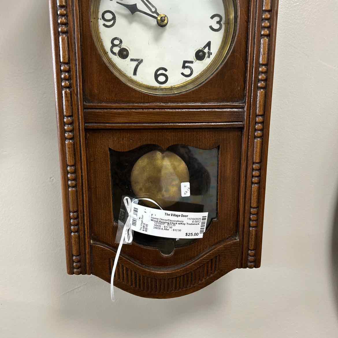 Wood Hanging Clock w/Key Trademark AS IS