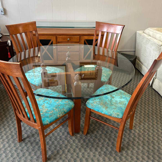 Glass Top Round Dining Table w 4 Turquoise Chairs