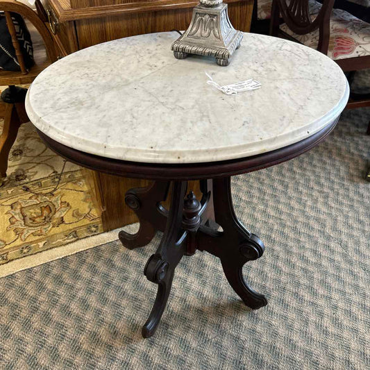 Wood Pedestal Table w/Marble Top