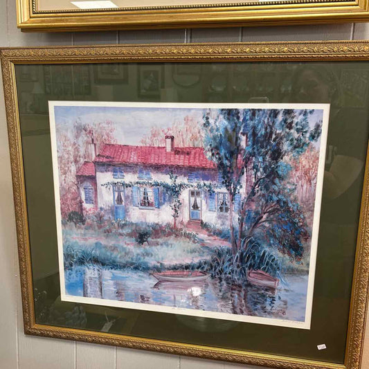 Signed Watercolor of Cottage & Water