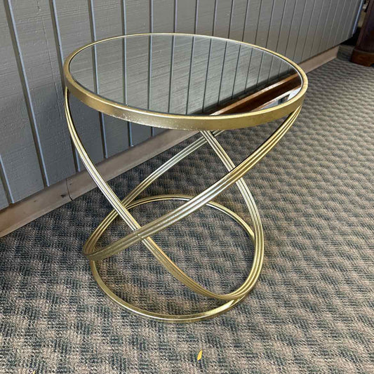 Round Brass End Table w/Mirrored Top