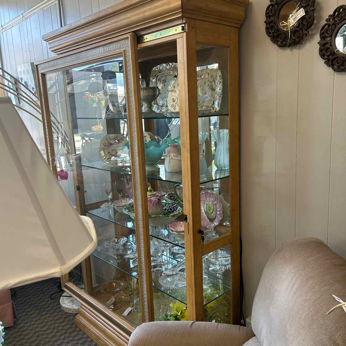 Light Wood Glass Curio Cabinet w/Sliding Door