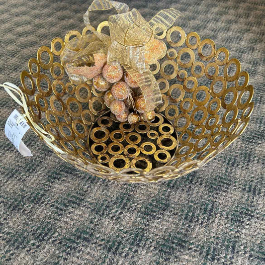 Large Brass Bowl w/Circles & Gold Decoration