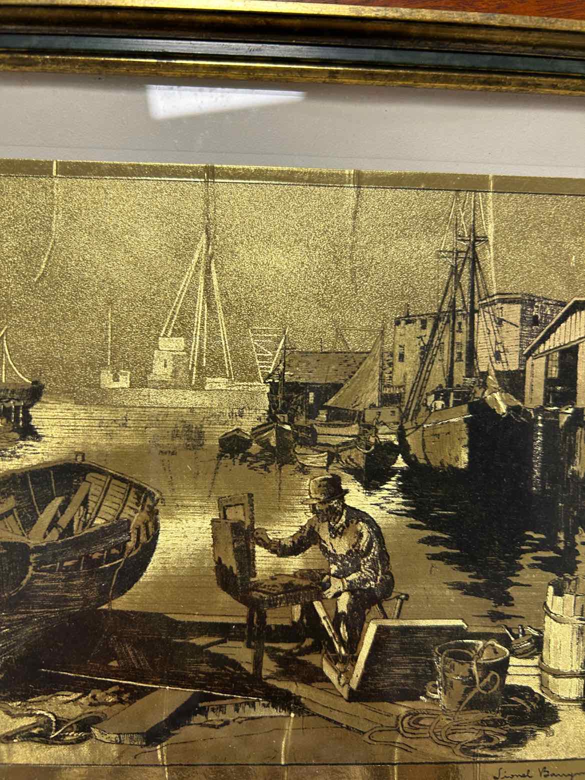 Man And Boat Gold And Black Etching Picture