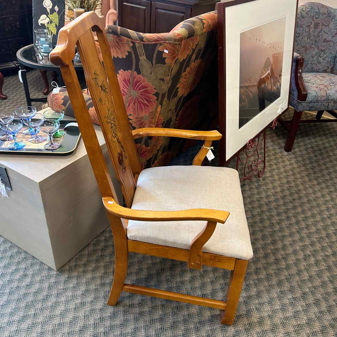 Wood Chair w/ Asian Design and Tan Seat