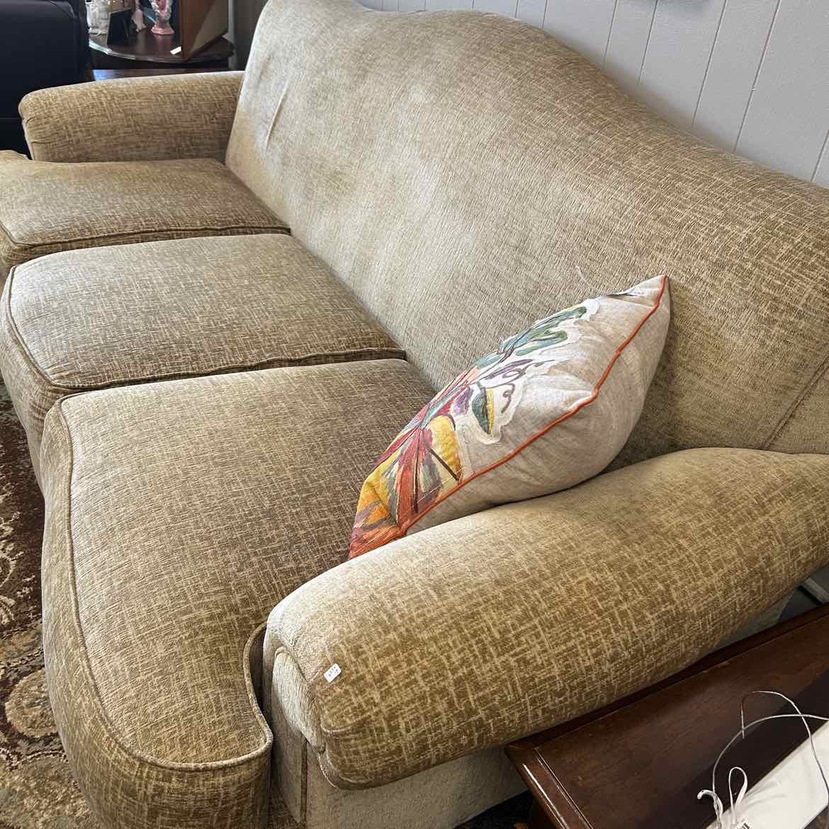 Tan Sofa w/Blond Wood Feet AS IS