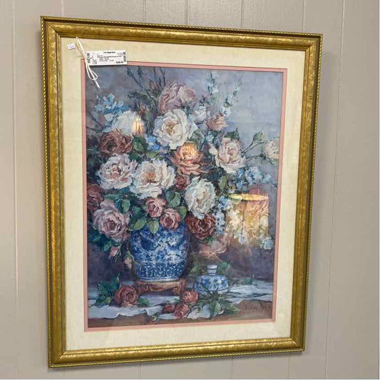Picture of Pink & White Roses in Gold Frame