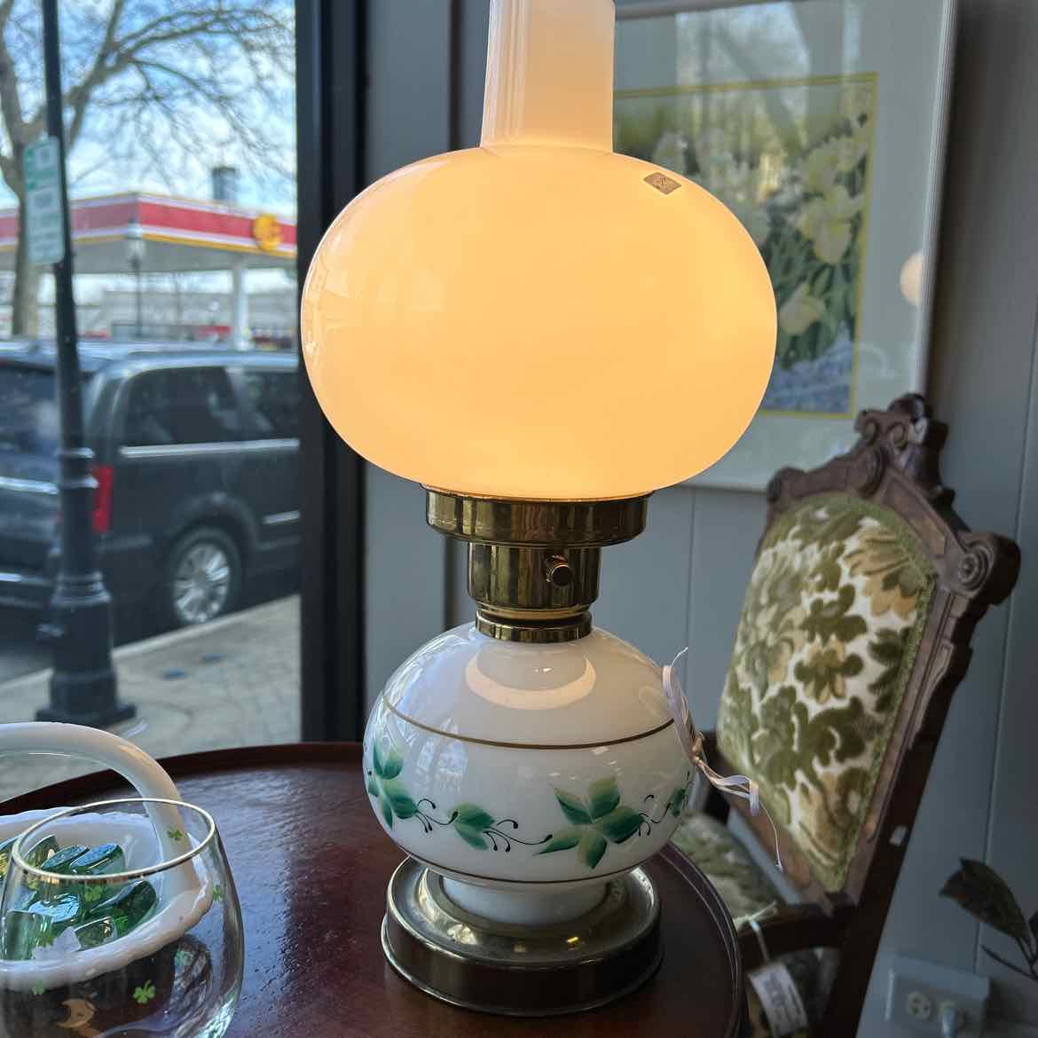 White Globe Lamp w/Green Vine