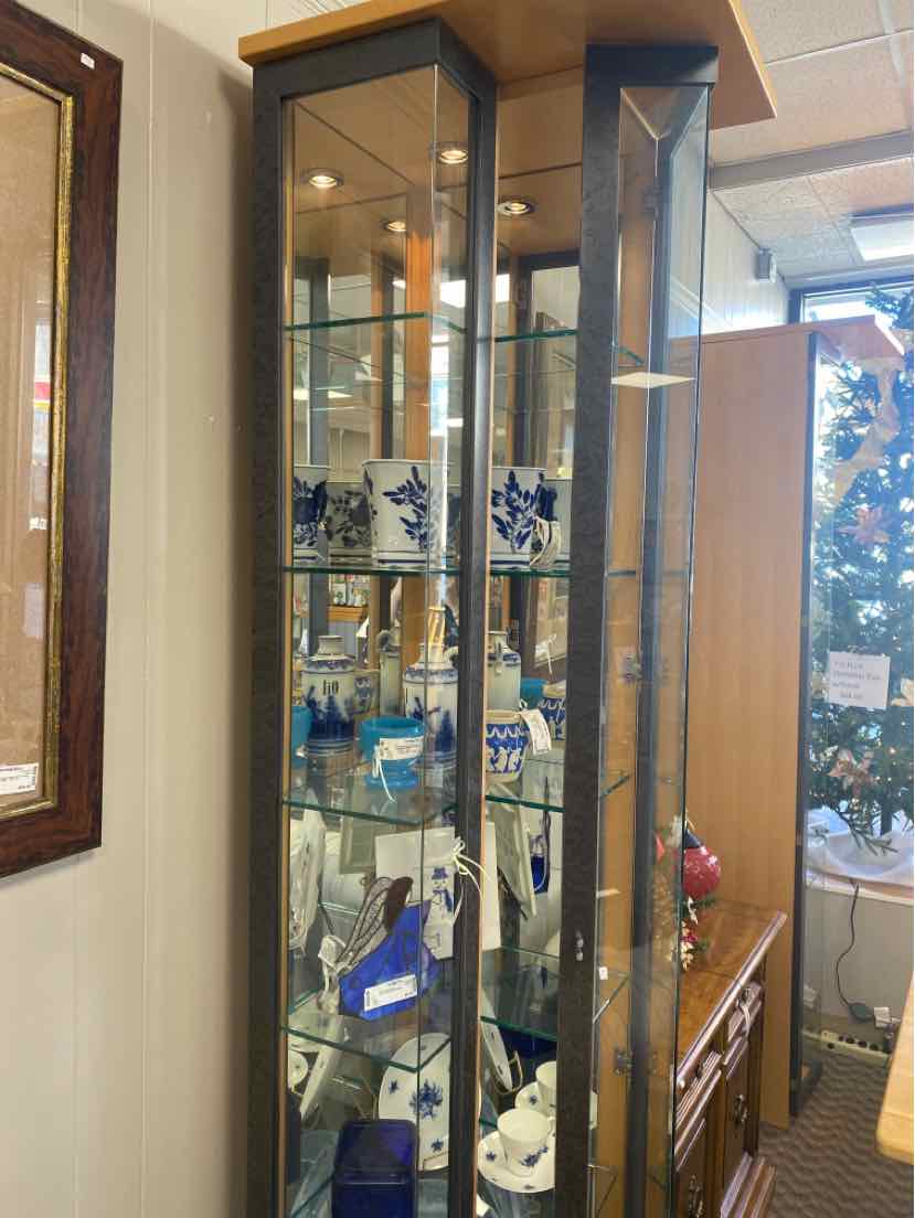 Tall Narrow Glass & Wood Curio Cabinet