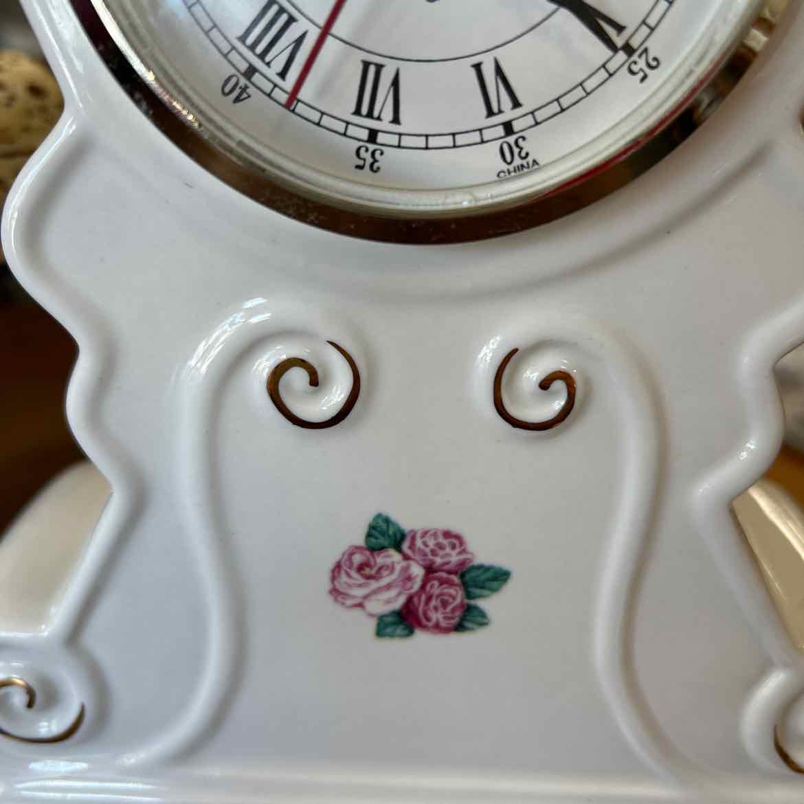 White Ceramic Clock w/Roses