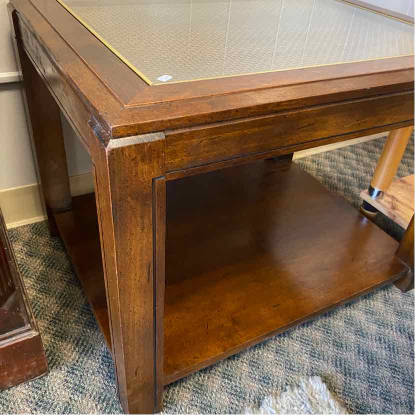 Wood End Table with Shelf & Glass Top