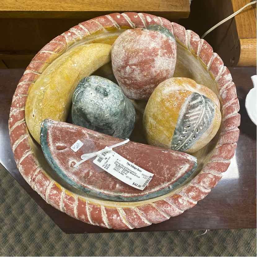 Stone Pottery Bowl & Fruit - 6 Pieces
